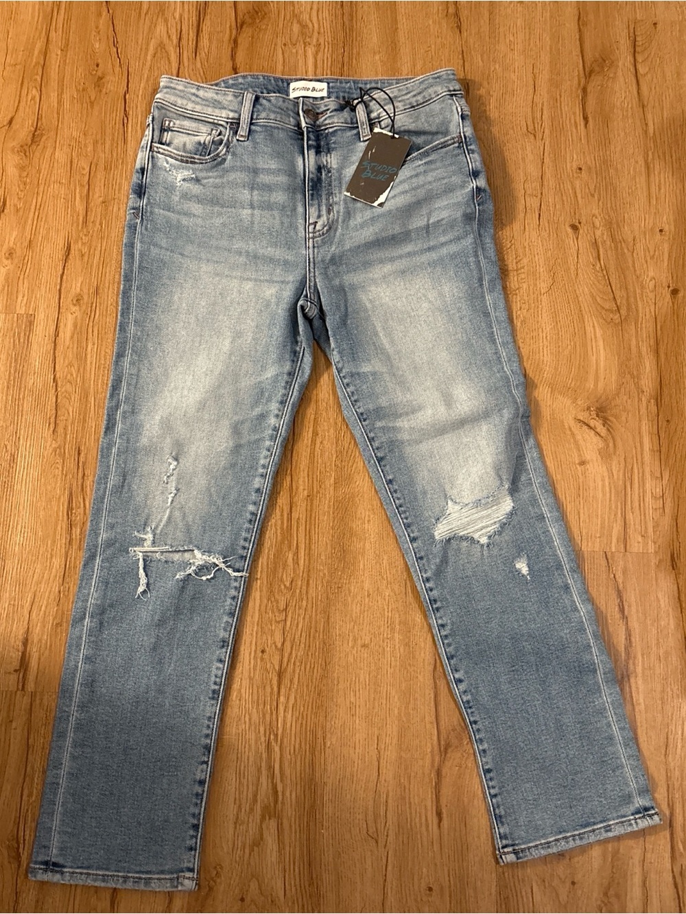 Studio Light Blue Distressed Straight-Leg Jeans
